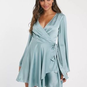 ASOS satin wrap skater dress with tie side in blue